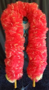 Lush, opulent tulle boa with glitter accents, vegan friendly tulle boa with no feather drop in red with gold glitter accents